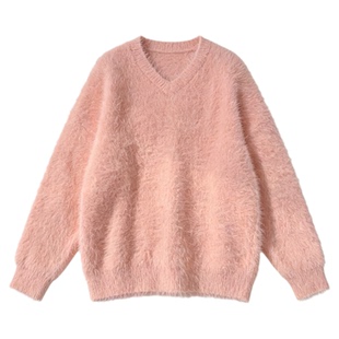 韩系粉色毛衣女秋冬慵懒风仿水貂绒温柔风宽松高级感V领针织衫穿