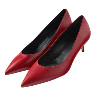 小CK酒红色高跟真皮尖头新娘鞋