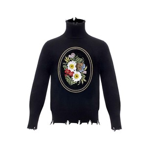 镜花  复古高领立体植物刺绣破边时尚保暖毛衣 山谷少年原创男装