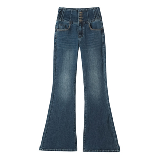 微喇牛仔裤女2026年新款秋冬高腰收腹修身显瘦复古弹力排扣喇叭裤