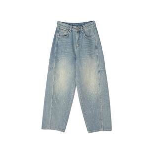 重工满天星！~蓝色烫钻牛仔裤女2026新款春高腰宽松阔腿弯刀裤子
