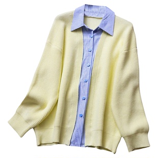 浅黄色假两件条纹衬衫领学院2025秋季新款长袖针织毛衣外套女B633