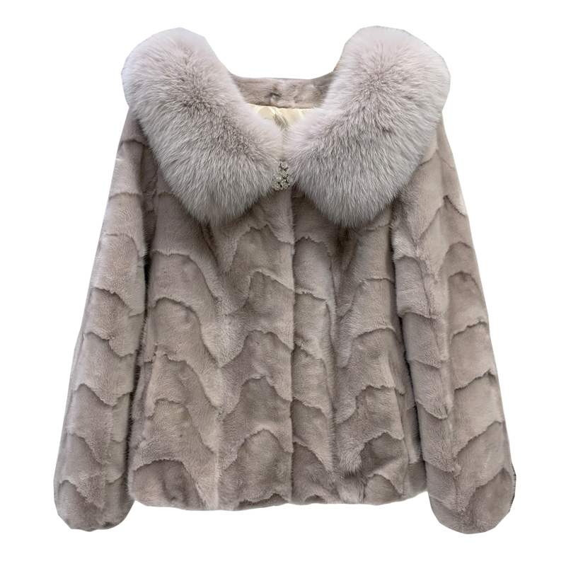 新款2025水貂皮草外套短款女狐狸毛领貂皮大衣海宁拼貂毛皮一体