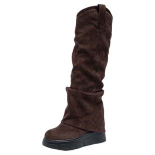 内增高10cm公分女士长筒骑士靴绒面弹力堆堆裤管靴美拉德高筒长靴