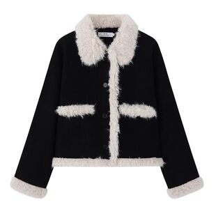 秋冬小香风新款羊羔毛外套女黑色灯芯绒小个子皮草保暖毛绒上衣服