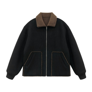 黑色复古翻领新款冬季羊羔绒麂皮加厚外套男款冬装短款夹克棉服男