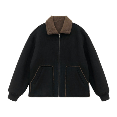 黑色复古翻领新款冬季羊羔绒麂皮加厚外套男款冬装短款夹克棉服男