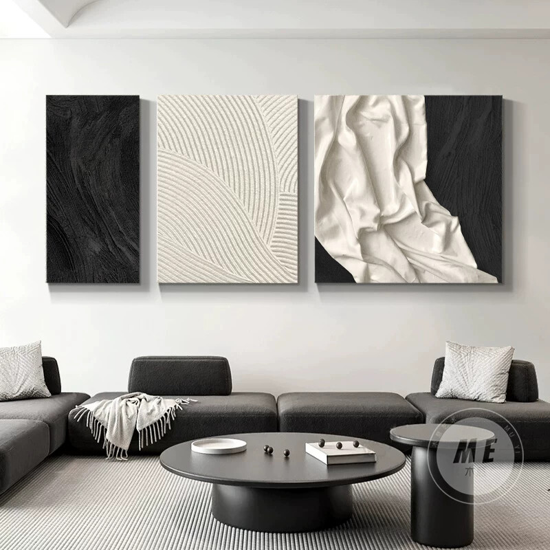 抽象客厅装饰画艺术高级感立体肌理三联壁画黑白灰沙发背景墙挂画