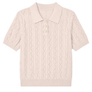 Basic House/百家好天丝翻领夏季镂空洋气粉色薄款短袖针织上衣女