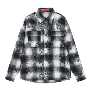 明星同款 INXX复古斑驳感黑白格长袖衬衫男女同款手工刷色衬衣