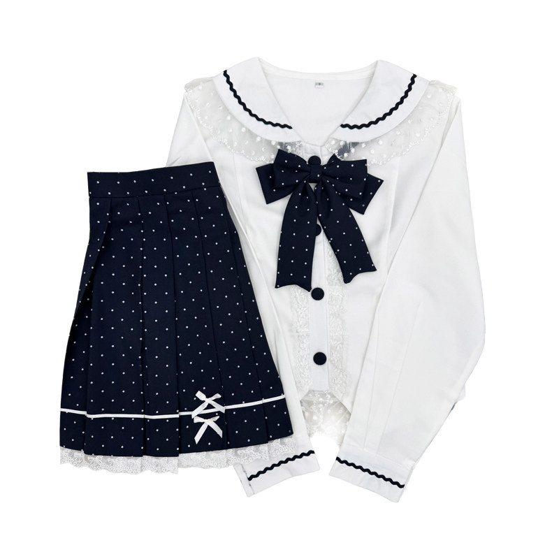 小猫不卷妙也可原创波点水手服软妹服蓬蓬裙长袖收腰蛋糕裙百褶裙