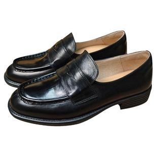 做旧擦色乐福鞋一脚蹬小皮鞋英伦复古风粗跟圆头黑色新款手工鞋女