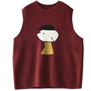 V21210 文艺休闲卡通织花圆领套头新年红针织马甲女2026 新品速递