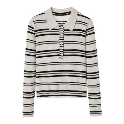 感POLO领条纹针织衫女秋冬季修身百搭弹力坑条打底衫