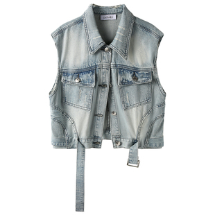 时髦洋气水洗牛仔马甲外套女早春季新款叠穿翻领气质短款马夹上衣