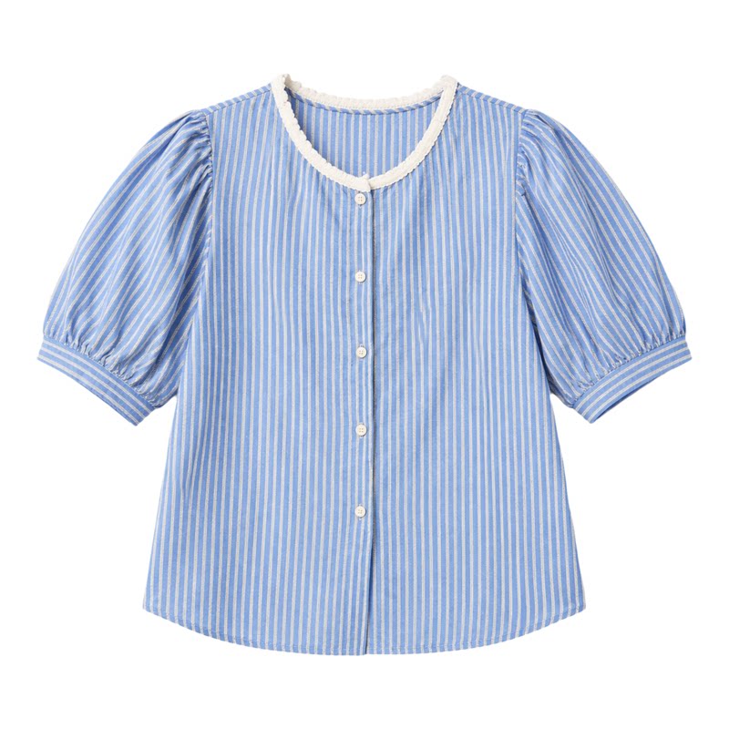 蓝白条纹短袖小个子衬衫女夏季