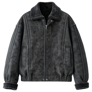 迈特优皮毛一体翻领夹克男款加绒加厚冬季休闲复古麂皮绒外套潮