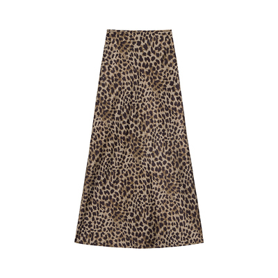 斜裁豹纹印花半身裙醋酸长款裙子