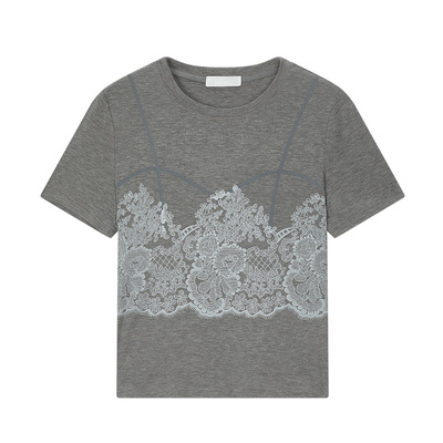 MOUSSY2026夏季新品温柔淑女风蕾丝拼接修身短袖T恤028JSC90-1080