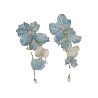 原创超仙女小众蓝色花朵夸张耳环