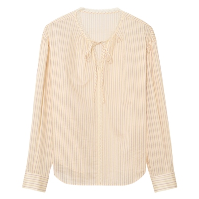 伊芙丽黄色条纹领口拼蕾丝系带衬衫女2025春季新款开叉设计小上衣
