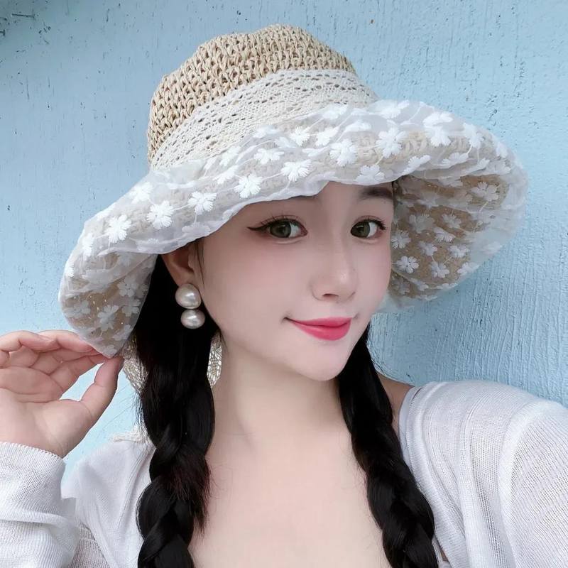 帽大帽檐显脸小蕾丝女镂空子夫帽简约太阳帽法式沙滩