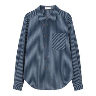 solighter 法式复古条纹长袖衬衫女秋季2025新款宽松磨毛衬衣上衣