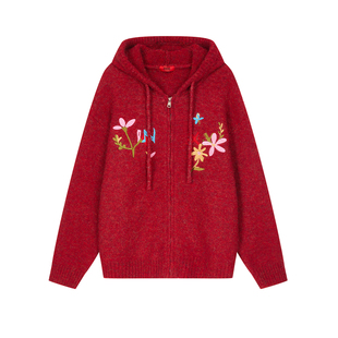 INXX明星同款新年限定红色毛衣新款连帽针织开衫情侣花朵刺绣上衣