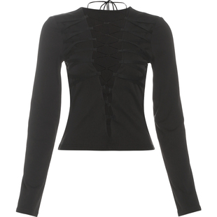 #Sisjuly#悠闲午后惹火魅力 lovely绑带镂空设计性感风长袖T恤女