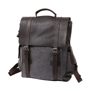 复古机车背包男士帆布真皮双肩包旅行女大中学生书包时尚电脑包2