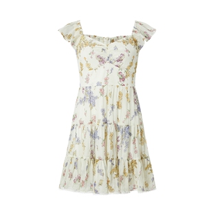 摩萨克夏款雪纺荷叶边法式田园风碎花围裹茶歇短款连衣裙女