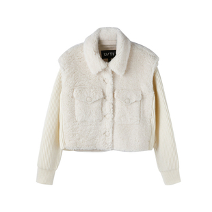 U/TI米白色针织拼接羊羔外套女百搭短款廓形上衣尤缇时尚冬季新款