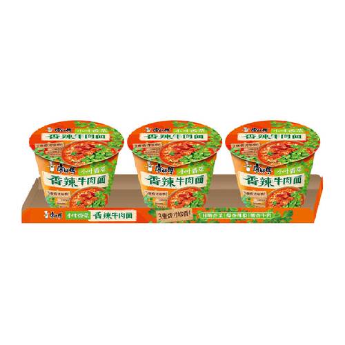 康师傅方便面经典香菜香辣牛肉面108g*3桶泡面速食
