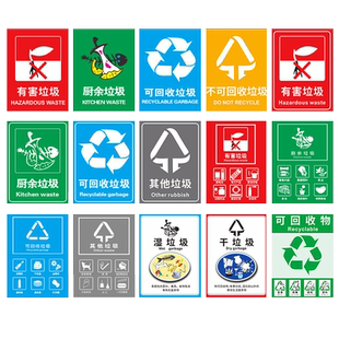 垃圾分类标识牌可回收不可回收垃圾桶分类贴纸有害易腐厨余干湿干垃圾箱宣传贴标签危险医疗废物废电池标志贴