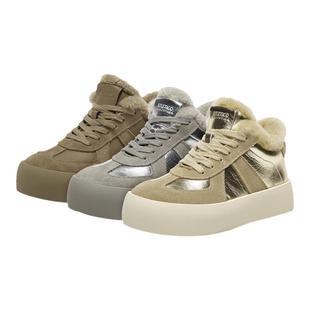 Bata休闲鞋女冬商场新款通勤牛剖皮运动厚底毛毛鞋05651DM4