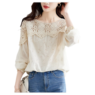 初影杏色蕾丝镂空衬衫女长袖2026春装设计感小众上衣别致纯棉衬衣