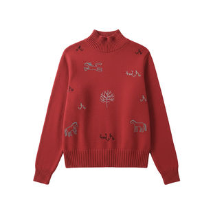 【新年系列】印象草原山羊绒半高领套衫女长袖刺绣高级感针织上衣