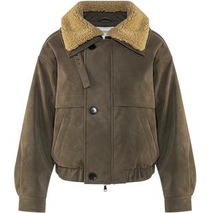 LAGOGO翻领短款PU皮外套女拉谷谷2025冬季新款巴恩风工装风棉服