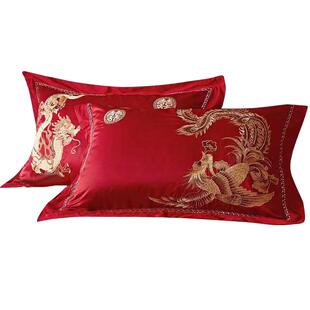 结婚枕套一对新款大红色纯棉龙凤绣花拉链新婚喜庆刺绣鸳鸯枕头套