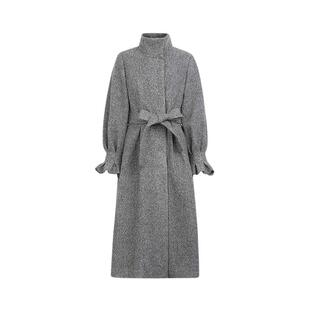 sdeer圣迪奥冬装女装立领收腰暗条纹长款毛呢大衣S244Z2507