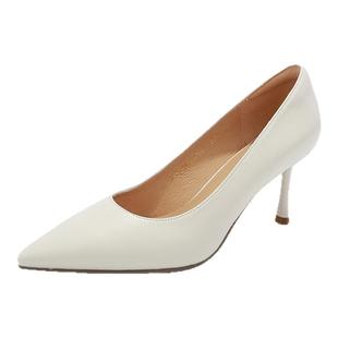 GNC真皮浅口单鞋2025春季新款尖头细高跟工装女鞋裸色法式小皮鞋