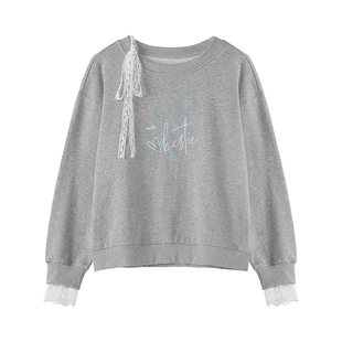 LAGOGO甜美蕾丝卫衣女拉谷谷2026春新款灰色小个子宽松好看上衣