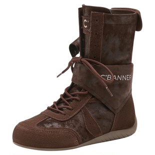 千百度废土风拳击靴女系带松糕新款内增高中筒短靴英伦马丁靴女款