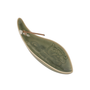 家用室内越窑莲瓣陶瓷香插中式复古线香底座檀香托盘禅意熏香摆件