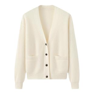 阿绒源纯山羊绒V领元宝针加厚女士开衫口袋白色宽松文艺外套