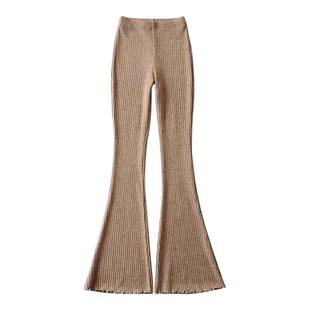 欧美bm风木耳边针织裤春秋高腰显瘦喇叭裤女紧身微喇裤长款拖地裤