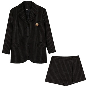 落落狷介 一整套入秋穿搭条纹两件套2025秋季西装套装女西服+裙裤
