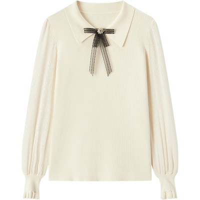 爱居兔长袖针织衫女春秋新款浅色修身套头毛衫简约大气上衣