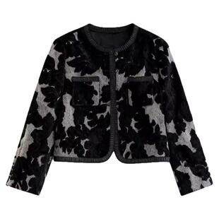 水墨佳人复古轻奢风绒面圆领花卉图案短款贴袋外套通勤显瘦百搭女