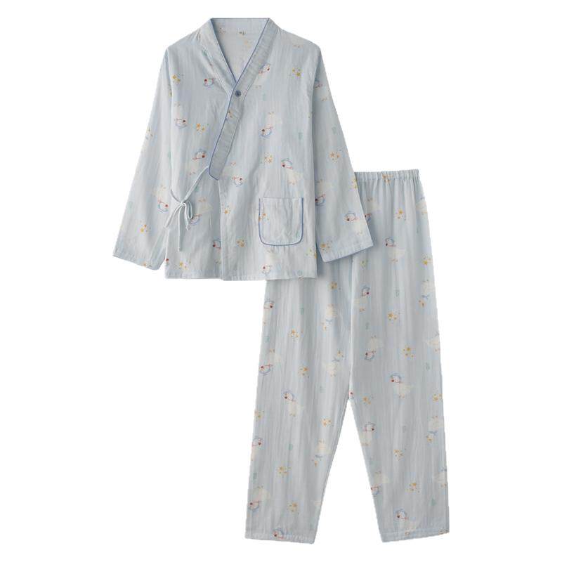 卡通柯尔鸭和服睡衣女春夏季纯棉纱布薄款月子服长袖家居服套装